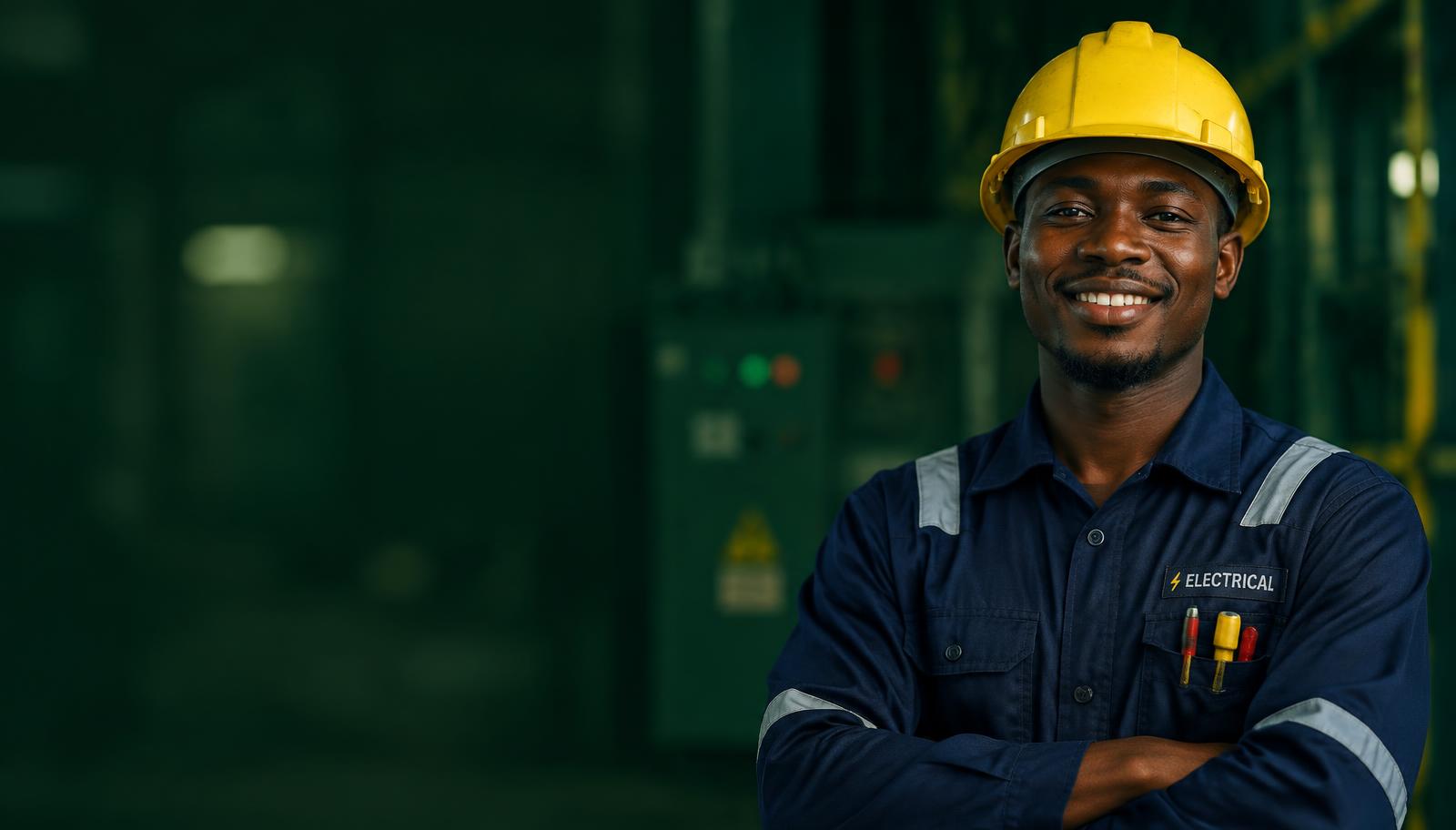 Electrician wearing a yellow hard hat at work